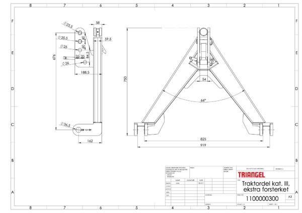 Triangel traktordel kat. III, ekstra forsterket med hydraulisk låsing